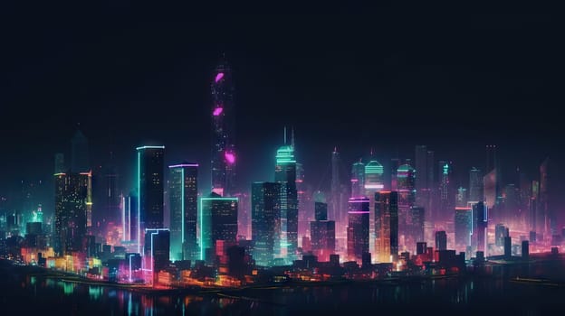 Night panorama of a modern city, neon light, lights of a large metropolis, high-rise buildings, generative AI, AI generated