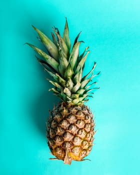 Top view of pineapple on retro bright blue background. Trendy summer smoothie tropical design overhead. Vivid pastel layout with ananas fruit from above. Creative exotic food.