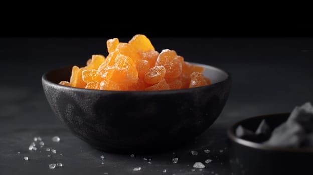 Candied ginger in black bowl, against dark background, , Generative AI, AI generated