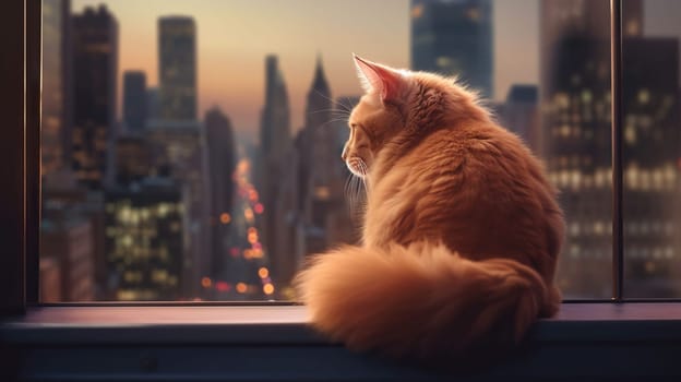 Cute orange cat sitting on a windowsill overlooking a bustling city street, Generative AI