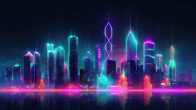 Night panorama of a modern city, neon light, lights of a large metropolis, high-rise buildings, generative AI, AI generated