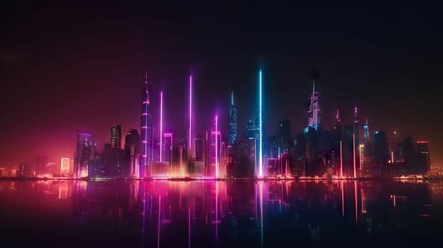 Night panorama of a modern city, neon light, lights of a large metropolis, high-rise buildings, generative AI, AI generated