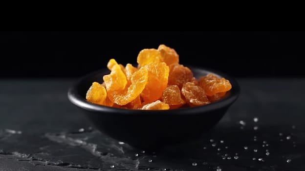 Candied ginger in black bowl, against dark background, , Generative AI, AI generated