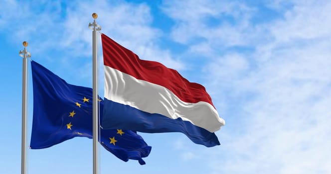 The flags of the Netherlands and the European Union waving in the wind on a clear day. The Netherlands became a member of the EU in january 1958. 3d illustration render. Fluttering fabric