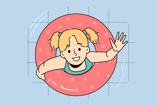 Cute little girl swimming in pool in round floating lifebuoy. Happy child have fun swim in life preserver enjoy summer holidays. Vector illustration.