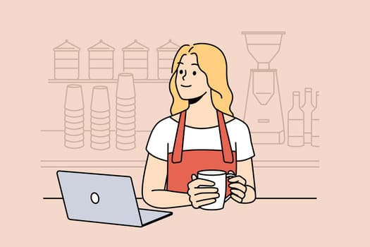 Smiling waitress in apron drink coffee at break in cafe. Happy women coffee shop owner enjoy drink in own coffeehouse. Vector illustration.