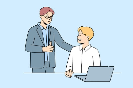 Smiling businessman show thumb up to male employee working on laptop in office. Happy employer praise good working man busy at computer. Vector illustration.