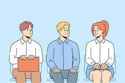 Men look at female job candidate sitting in line waiting for interview together. Male employees looking woman rival in office. Sexism and gender discrimination. Vector illustration.