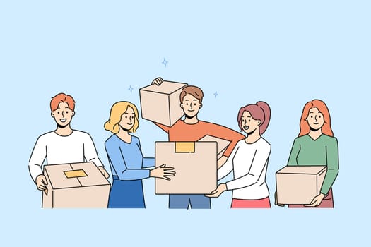 Smiling people with cardboard boxes moving together. Happy men and women with packages engaged in relocation to new home. Vector illustration.