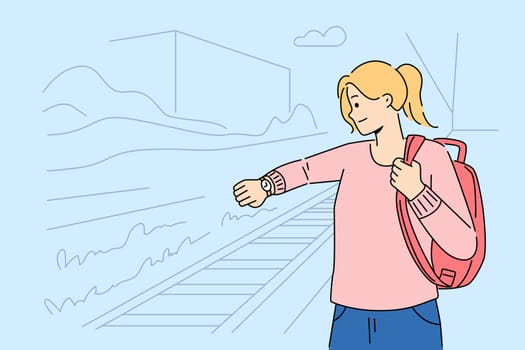 Anxious woman stand on platform on railway station check time on wristwatch. Worried girl look at watch on hand frustrated with train late. Commuting and transportation. Vector illustration.