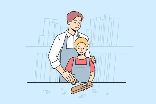 Caring father teach son carpentry in workshop. Loving dad and little boy child engaged in artisan and woodwork. Hobby and leisure. Vector illustration.