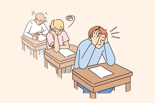 Anxious students sitting at desk in classroom writing test together. Worried pupils finish examination in classroom. Education and exam time. Vector illustration.