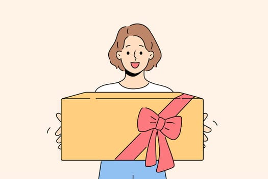 Smiling girl with wrapped box in hands celebrate birthday anniversary. Happy female teenager with giftbox with bow excited with present. Vector illustration.