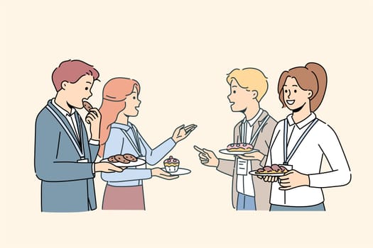 Smiling employees talk during coffee break at conference. Happy diverse businesspeople networking at lunch break at work seminar. Vector illustration.