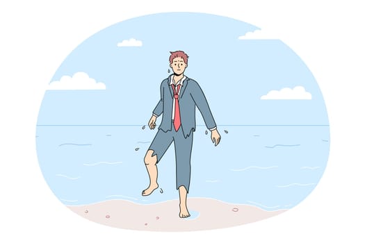 Confused businessman in torn suit walk out of ocean into beach. Frustrated male employee save after crash walk to seashore. Vector illustration.