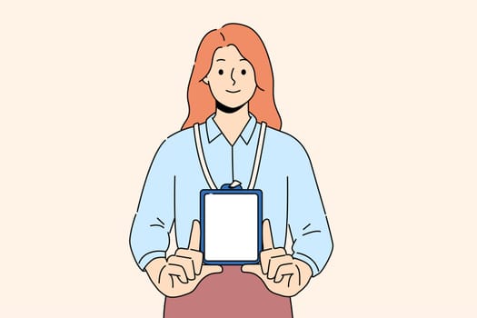 Smiling woman show mockup ID badge
