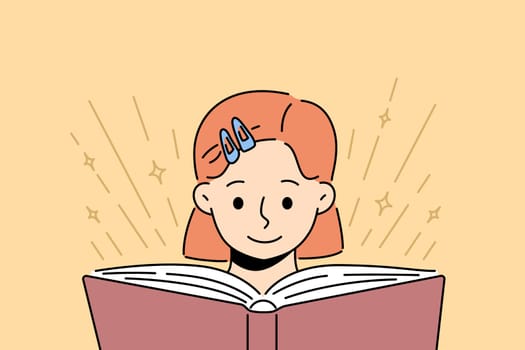 Smiling little girl kid reading book. Happy child engaged in literature reading. Childhood education and learning. Vector illustration.