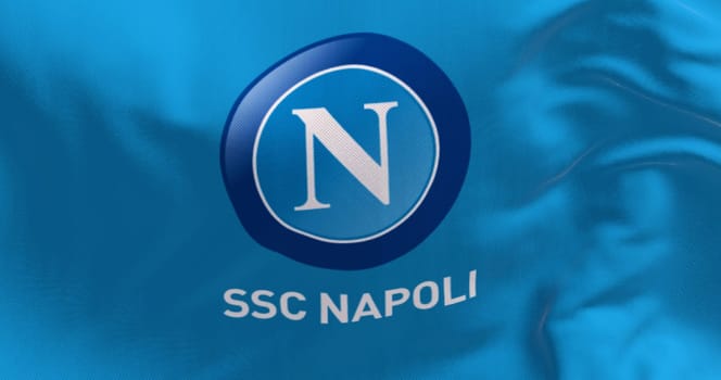 Naples, IT, March 2023: Flag of Napoli football team waving. Illustrative editorial 3d illustration render. Selective focus. Fluttering textile