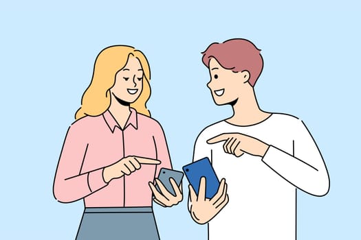 Smiling man and woman using cellphones share information. Happy couple with smartphones have fun browsing internet on gadgets. Vector illustration.