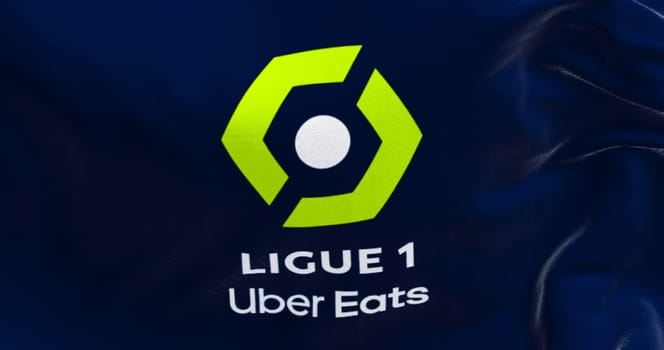 Paris, FR, Apr. 2023: Ligue 1 flag waving in the wind. Ligue 1 is a French professional league for men association football clubs. Illustrative editorial 3d illustration render