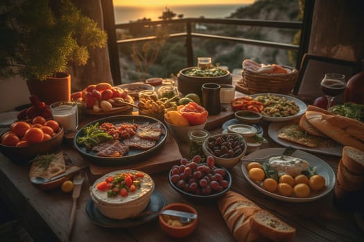 A Mediterranean spread of tapas on a breezy hilltop terrace (generative AI)