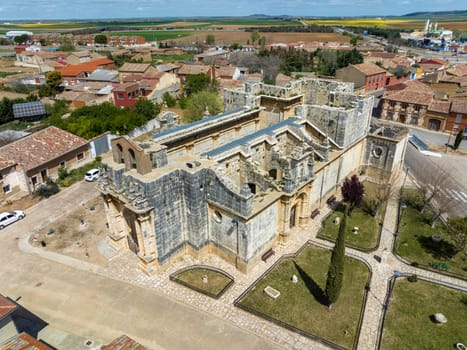 Aerial view of the Church of San Andres in Villardefrades Province of Valladolid Spain front view