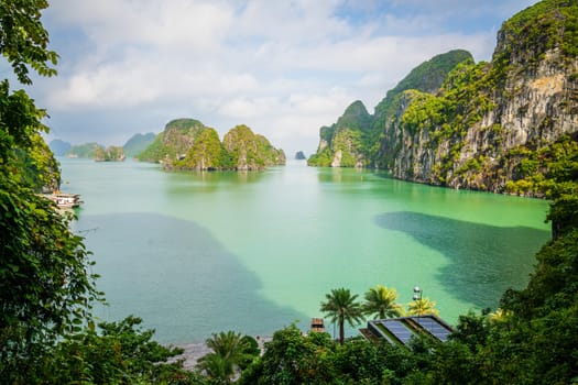 Scenic view of Ha Long Bay islands from the entrance to Thien Cung Grotto in Vietnam
