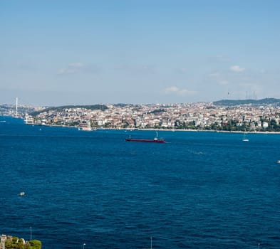 Panoramic view of the Bosphorus. The strait that connects the Black Sea to the Sea of Marmara and marks the boundary between the Europe and the Asia