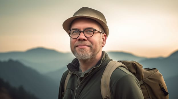 Man with backpack in french alps - Generative AI - AI generated