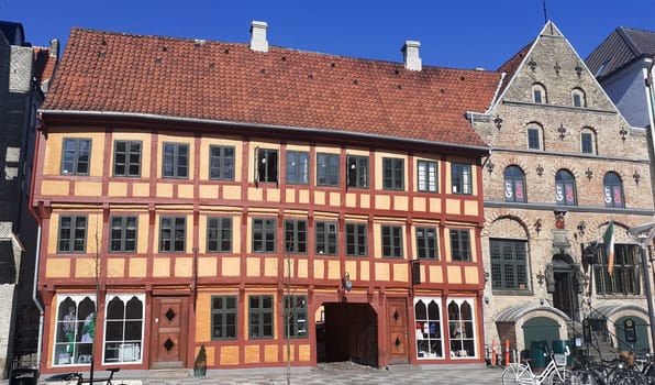 Historic timbered wooden building in the center of the city, Aalborg, Denmark, Europe.
