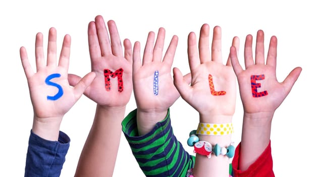 Children Hands Building Colorful English Word Smile. Isolated White Background.