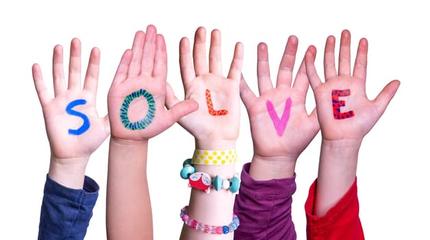 Children Hands Building Colorful English Word Solve. White Isolated Background
