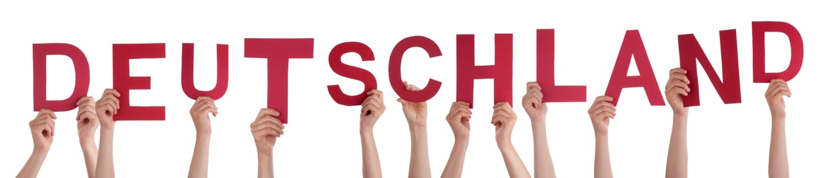 People Or Persons Hands Building German Word Deutschland Means Germany. Isolated White Background.