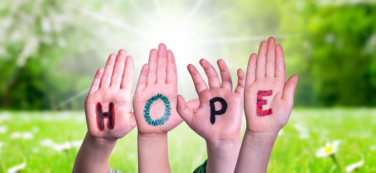 Children Hands Building Colorful English Word Hope. Sunny Green Grass Meadow As Background.