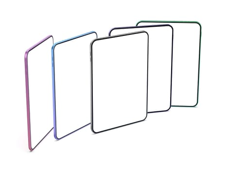 Five tablets with blank displays on white background