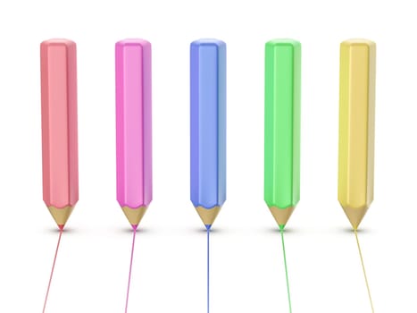 Row with five cartoon style colored pencils drawing lines