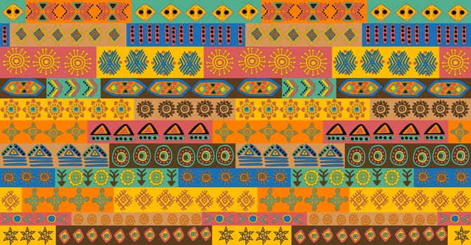 African seamless pattern with colored symbols and motifs