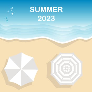 Summer 2023 poster background. Beach banner with two umbrellas
