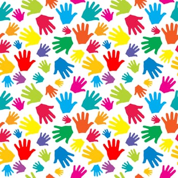 Seamless pattern with colored palms of children on white background