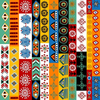 Vertical rows with ethnic motifs and symbols