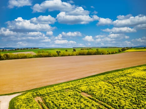 Drone shot from german landscape with meadows in Hesse.