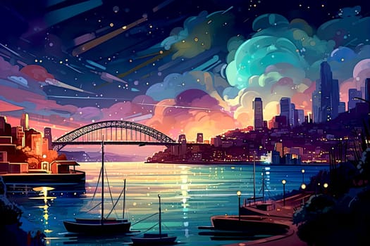 The Australian city of Sydney. The stars and the moon are shining in the night sky. The city is lit up with colorful lights. Illustration AI.