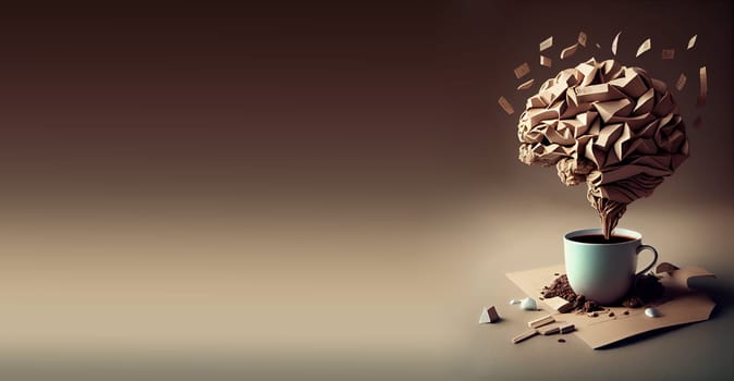 Cup of coffee with a brain splash and paper, creative and innovative mind, explosion of ideas, brainstorming for solutions, generative AI
