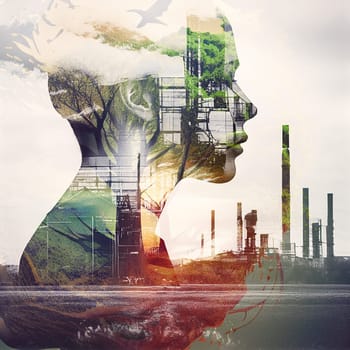 Human silhouette, industrial factory and nature, nuclear power phase-out, sustainable renewable energy, environment and eco, generative AI