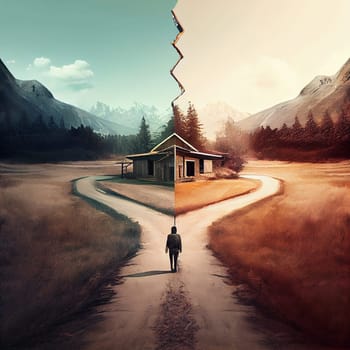 Life junction road, choosing a new direction, changing lifestyle, looking forward to an opportunity and vision, generative AI