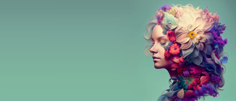 Woman brain with flowers, self esteem and mental health care concept, positive thinking, creative mind, generative AI