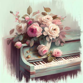 Piano instrument with flowers, music passion concept, pastel colors, generative AI