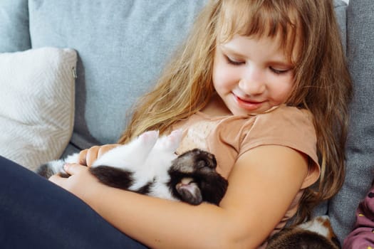 Love and tenderness. Smiling girl with long hair is sitting on couch stroking small puppy on tummy and talking to him. Children and dogs. Moments of tenderness. Positive emotions. Responsibility.