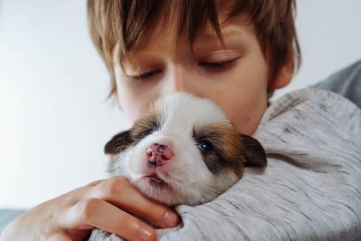 Frustrated teenage boy sits and hugs his only puppy friend. Children and dogs. Depression. Psychological help. Abusing. Despair and negativity. Problems of teenagers, loneliness, misunderstanding.