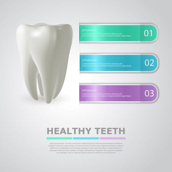 Dentistry info background with big realistic tooth and three colorful stripes - templates for infographics. Vector Illustration